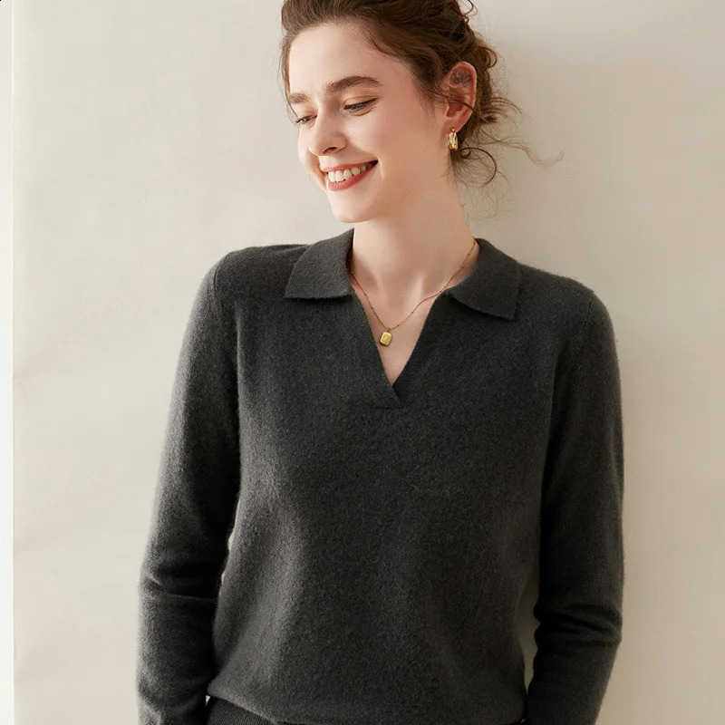 Winter Pure Cashmere Knitted Pullover V-Neck Long Sleeve Cashmere Womens POLO Neck Sweater Top Womens Style 240812