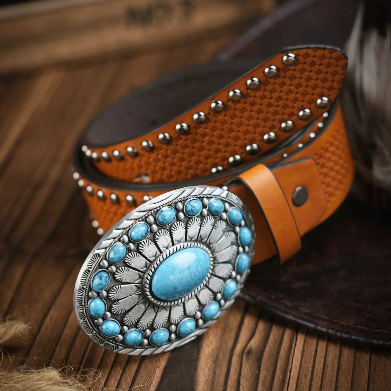 Belts Western style denim PU belt - mens belt with cow decoration floral jeans Y240810QYTH