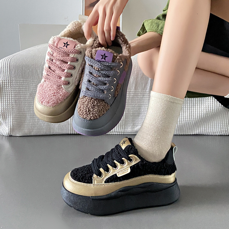 Ddmysports Plush Pink Dad For Women Autumn And Winter New Versatile Thick Sole Elevated Casual Cotton Shoes BR Outdoor