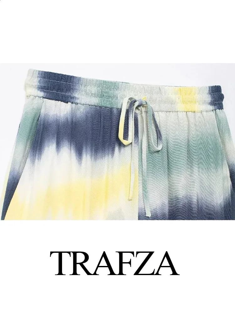 TRAFZA Women Printed Tied Pants Sets 2024 Tie Dye Long Sleeves Single Breasted ShirtsElastic Waist LaceUp Wide Leg TRAF y240815
