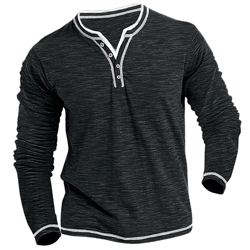 Mens Plain Henley Shirt Round Neck T-shirt Summer Comfortable Cotton Fashion Long Sleeve Casual Street Wear Sports Top Basic