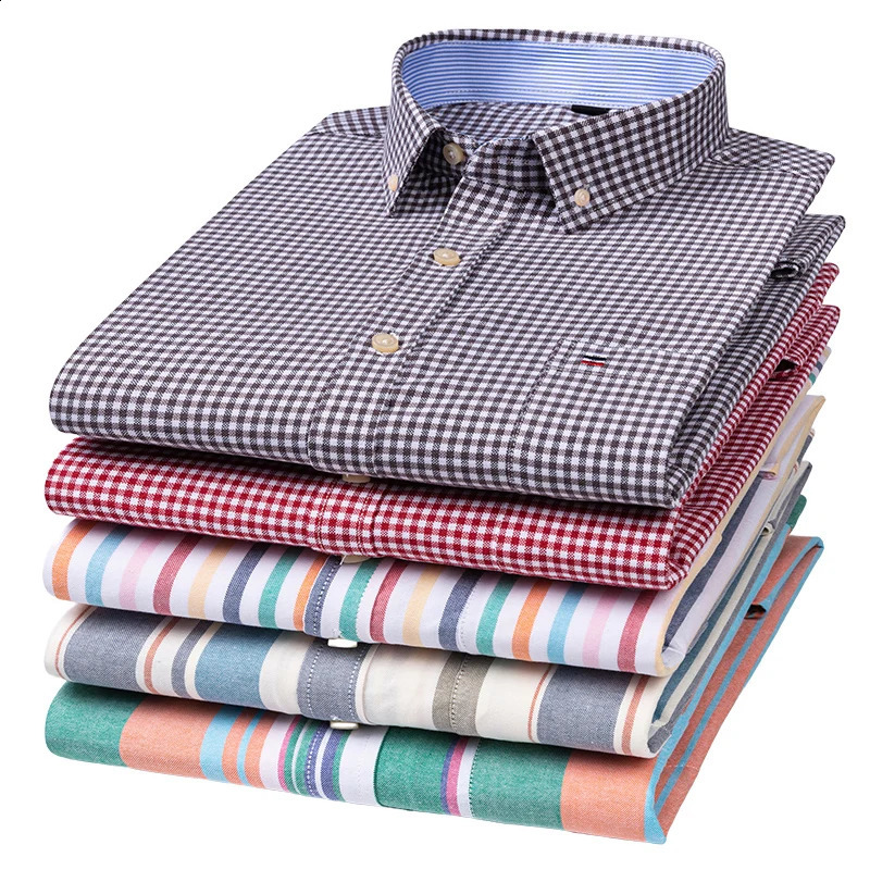 Size M~7XL 100% Pure Cotton Oxford Mens Striped Plaid Shirts Male Casual High Quality Long sleeve Shirt for Men Button Up Shirt 240810