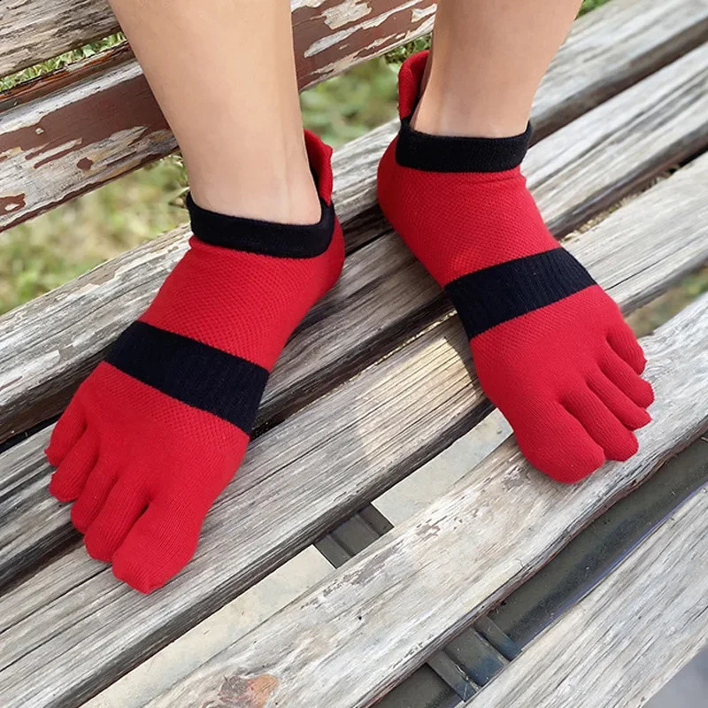 5 Pairs Large Size 5 Finger Socks Ankle Sport Cotton Mens Striped Mesh Breathable Shaping Anti Friction No Show Toes Socks 240812