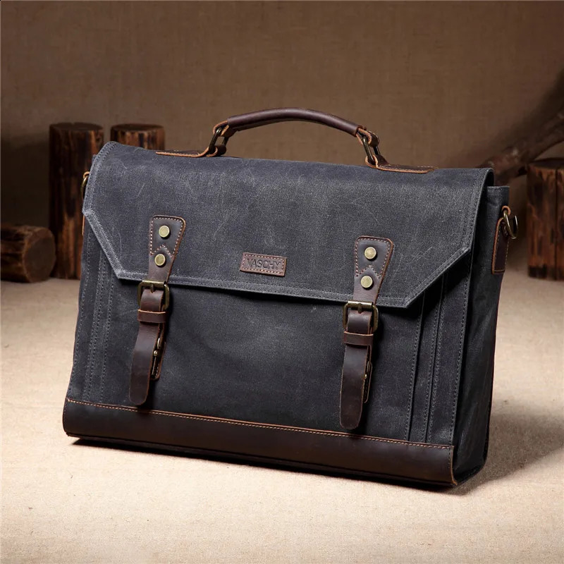 VASCHY canvas messenger bag for men vintage leather batik briefcase 173inch laptop office 240810
