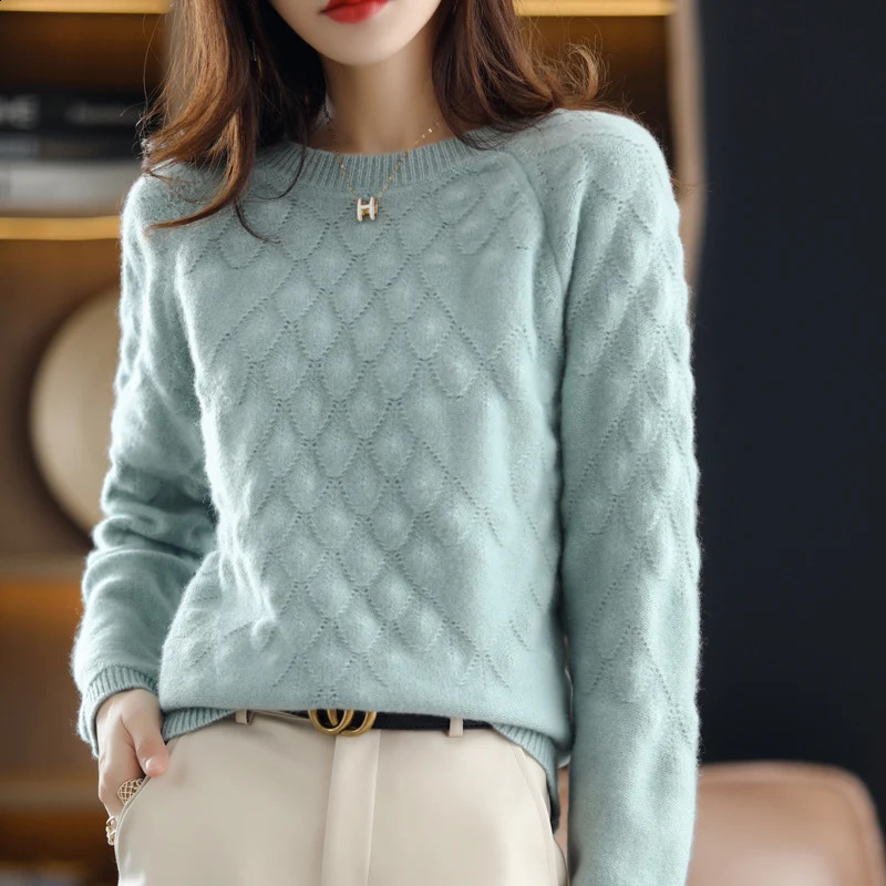 100%Pure Wool/Cashmere Sweater Women O-Neck Knit Large Size Petal Pullover Autumn Winter Thick Long-Sleeve Shirt Female 240812