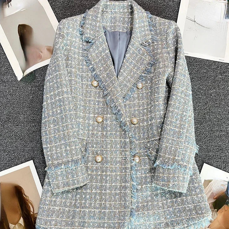 OCEANLOVE Double Breasted Blazer Women Spring Autumn Plaid Tweed Jackets Korean Fashion Vintage Elegant Blazer Mujer Outear 240812
