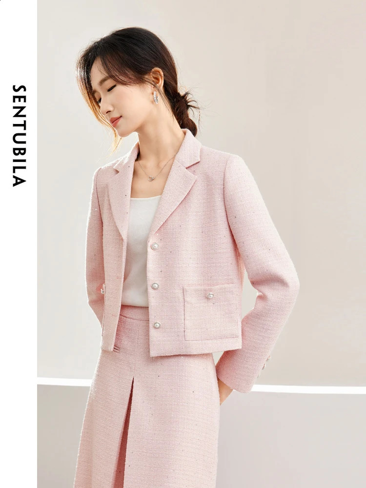 SENTUBILA Pink Elegant Cropped Tweed Jacket Spring Notched Single Breasted Straight Blazer Coat Women Outerwear 141W53603 240812