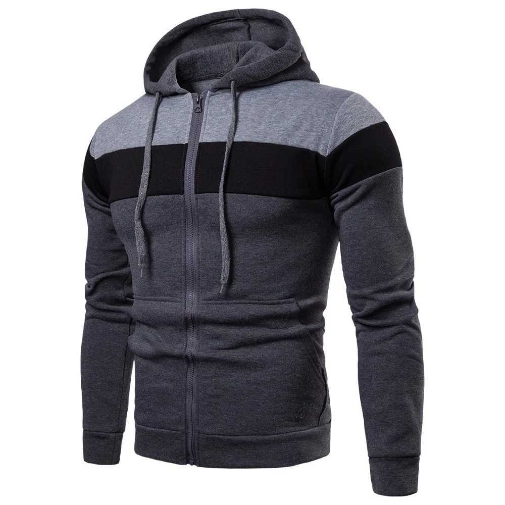 New mens hooded zipper splicing color sports top fleece insulation casual wear hooded sports top zipper comfortable hoodieXJ240812