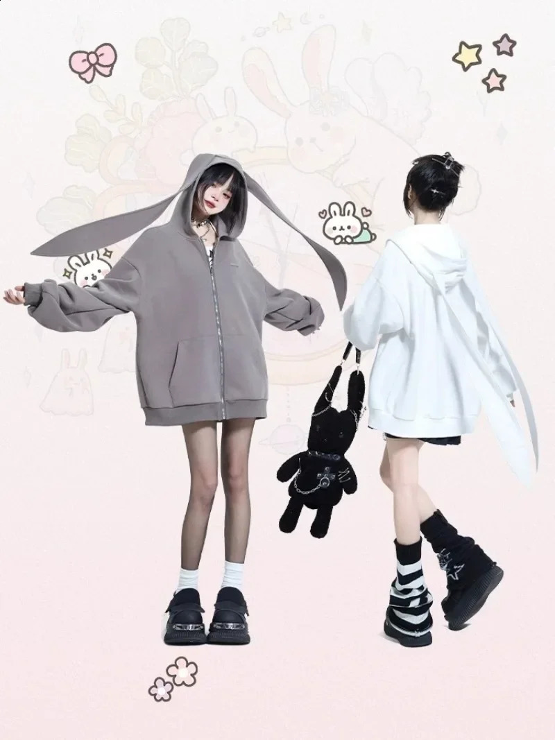 Autumn Winter Rabbit Big Ear Hooded Sweater Coat Oversize Zipper Cardigan Hoodie Jacket 2000s Korean Zip Up Y2k Tops Kpop 240812