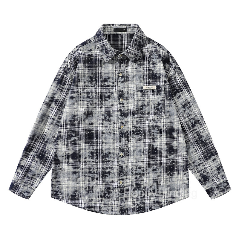 American Tie Dye Checkered Long Sleeved Shirt Mens Trendy Style Loose Fitting Couple Shirt Jacket