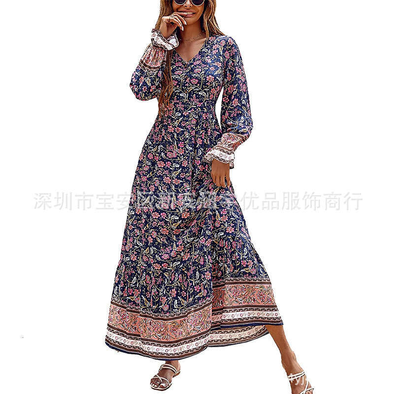 Solid Printing Versatile Temu Autumn New Womens Bohemian Dress Tiktok Sleeve Big Swing Long Floral Dress Loose Temperament Sexy High Waist Dress Denim
