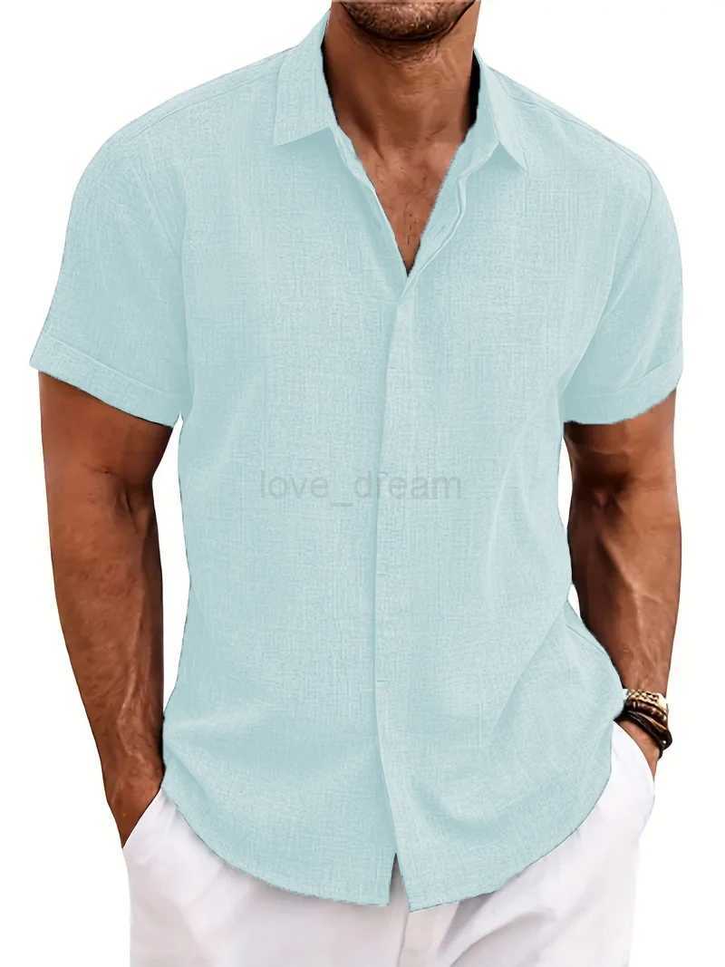 2024 new hot-selling mens short-sleeved shirt summer solid color lapel hidden buckle casual beach fashion high street topXJ240812