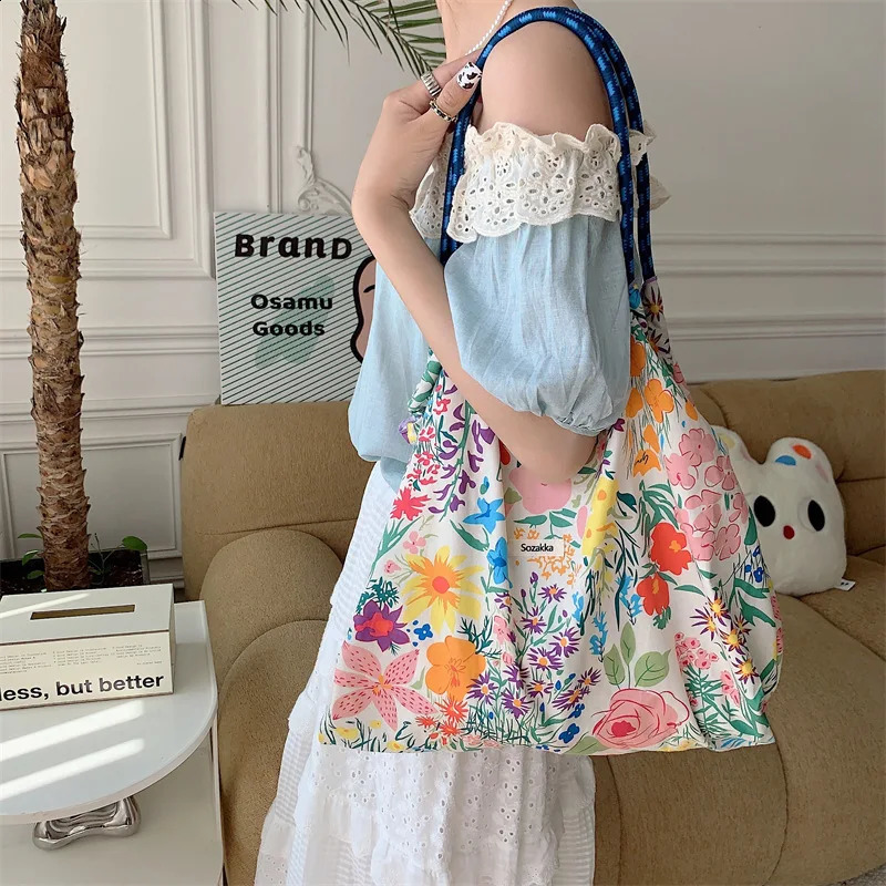 Yuda Fashionable Retro Flower Cotton Fabric Womens Shoulder Bag Large Leisure Shopping Handbag 240812