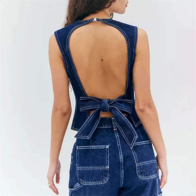 Lamuusaa Denim Tops for Women y2k Clothes Solid Color Round Neck Sleeveless Backless Jeans Vest Fashion Waistcoat Streetwear 240812