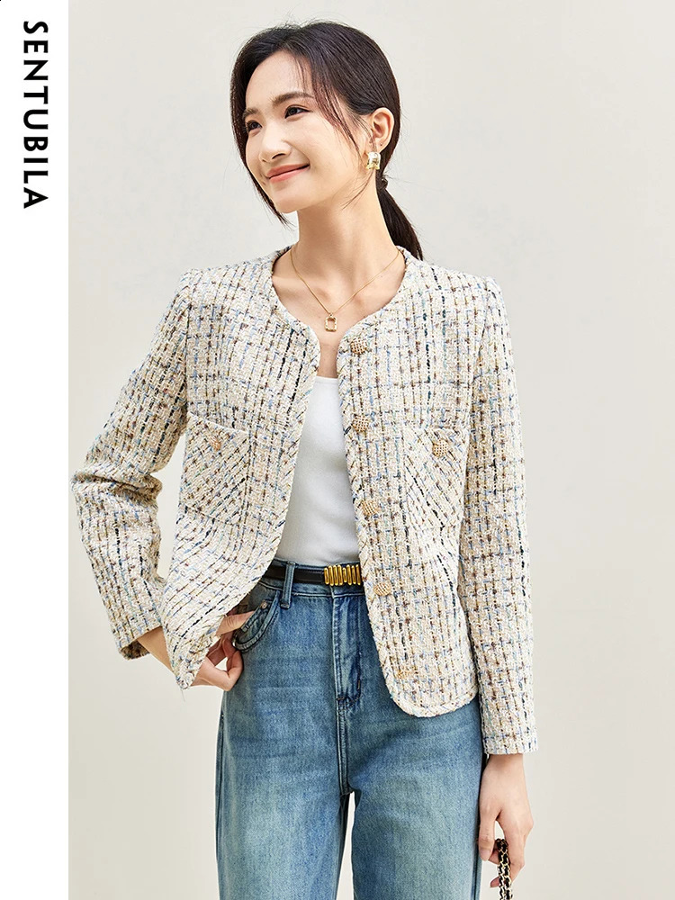SENTUBILA Contrast Plaid Cropped Tweed Jacket for Women Elegant Straight Long Sleeve Autumn Winter Short Coats 133W49788 240812