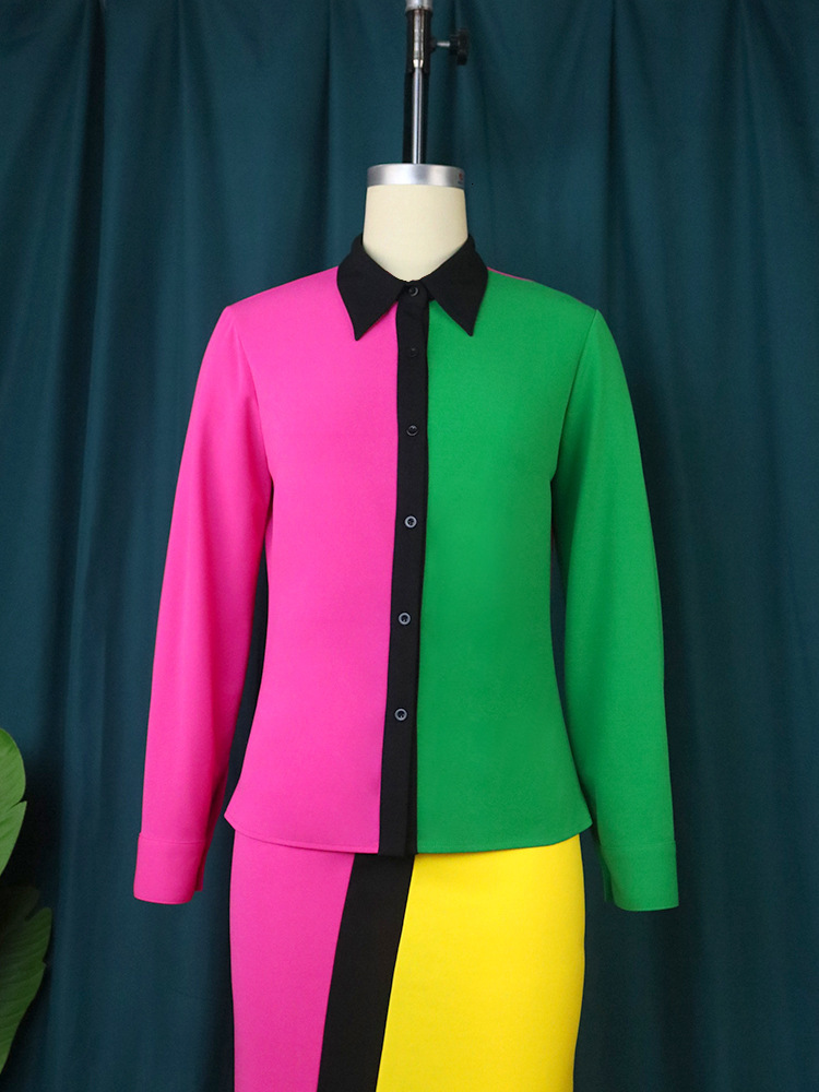 New autumn and winter color blocked long sleeved shirt niche, flamboyant, personalized, contrasting womens top blouse