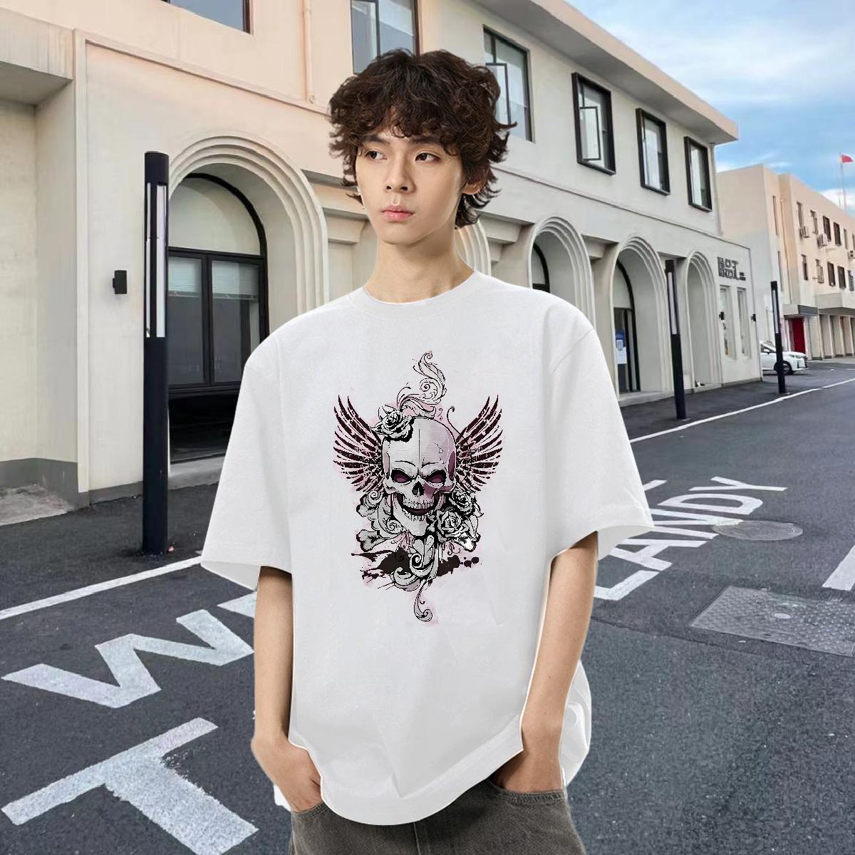 2024 DIY T shirt skull Clothings 230g 100% Cotton Casual Daily Wear Loose Custom Printed O Neck Short Sleeves Men Tops Tees
