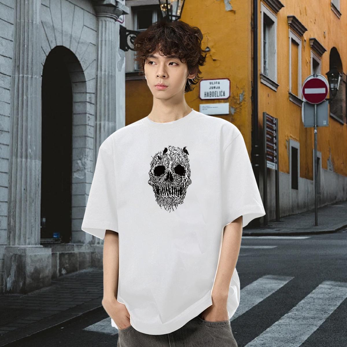 Fashion Mens T Shirts skull Tops Tees 100% Cotton 230g Outdoor Loose Fit Asian Size Pure Cotton Mens Tshirts