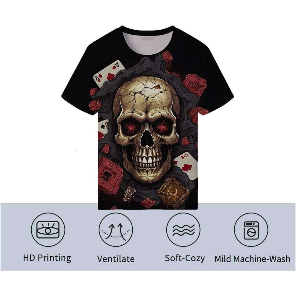 Halloween Mens T shirt Poker Skull Print Shirt Summer Fashion Short Sleeve T-Shirt shirts tshirt graphic tee Casual tops summer clothes Short sleeve 2