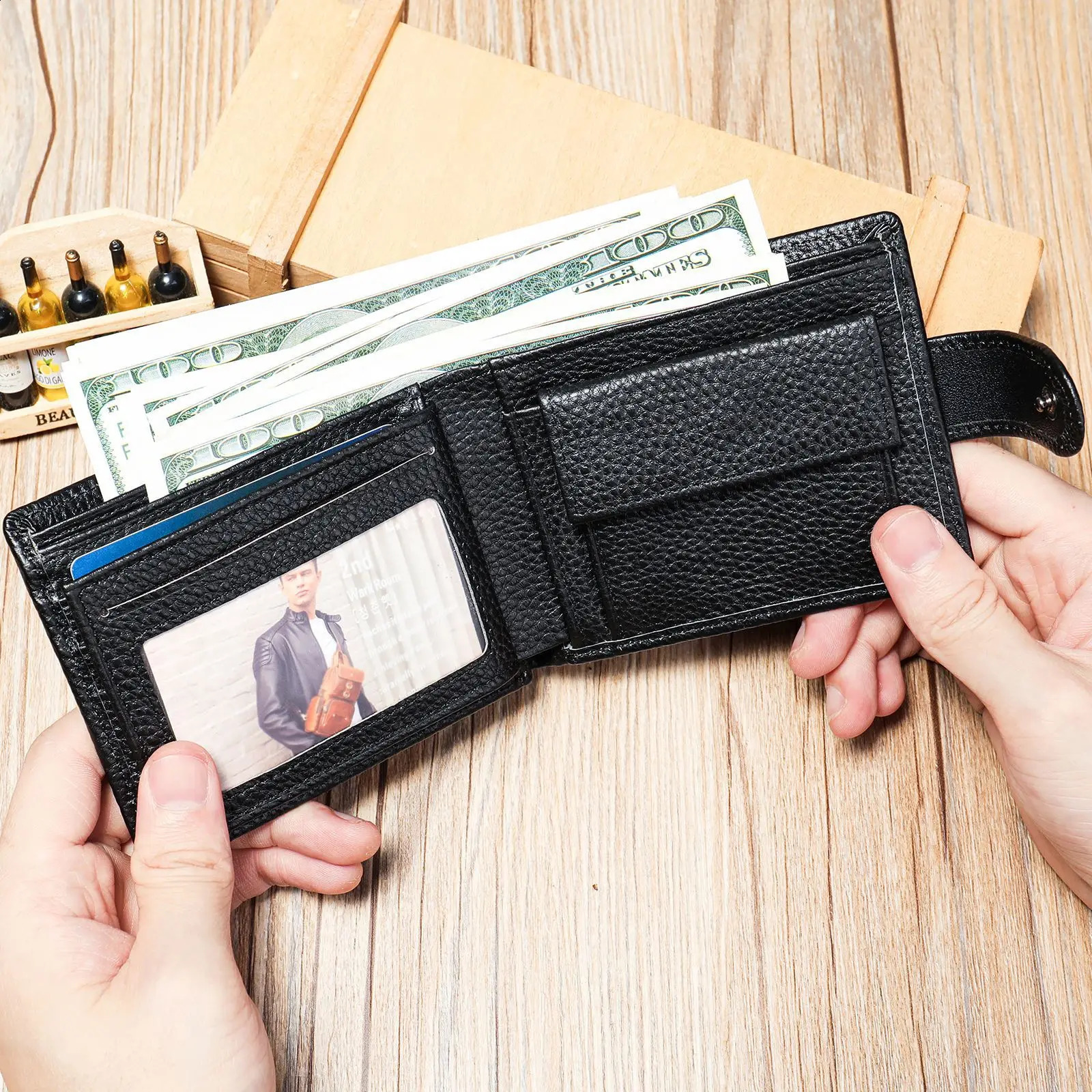 Genuine leather mens wallet is simple and atmospheric with top layer cowhide coins for purchase featuring multiple card slots large capacity 240810