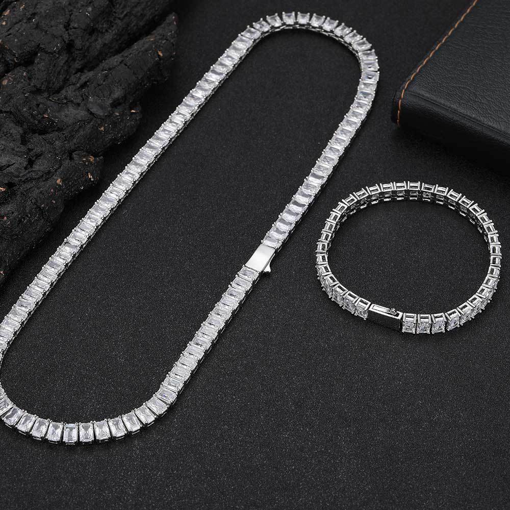 Hip Hop 7mm Square 5A Zircon Tennis Chain Necklace Real Gold Plated Mens Jewelry Set