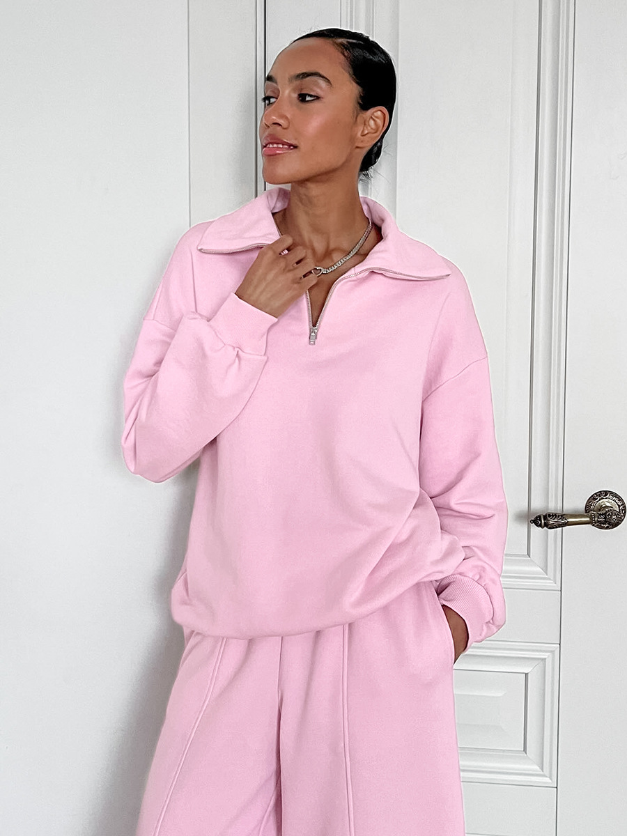 Autumn and winter pink looped cloth hoodie set for womens casual polo shirt and sweatpants two piece set womens clothing
