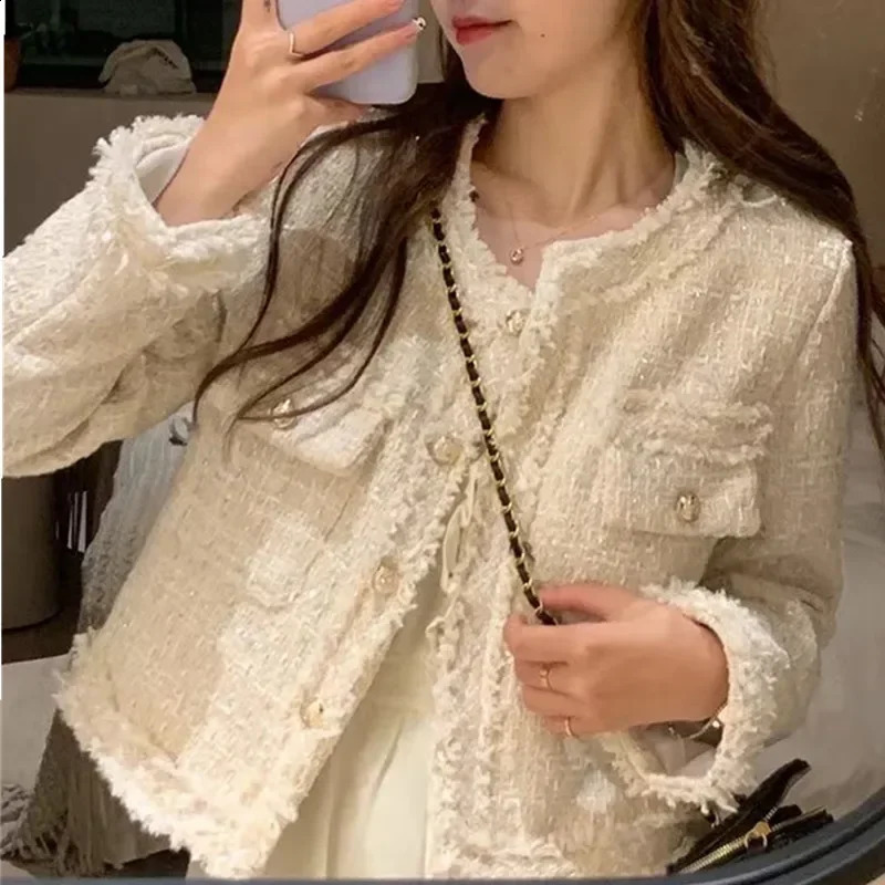 HJLZWB Fashion Korean Chic Vintage Tweed Woolen Jacket Coat Women Autumn Single Breasted Plaid Tassel Office Lady Outwea 240812