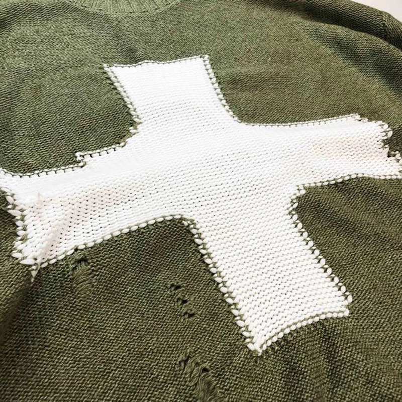 KAPITAL Vintage 1 1 Sweater Men Green Loose Cross Pattern Woman High Quality High Street Damage Hole Oversized Knitted Sweater 240812
