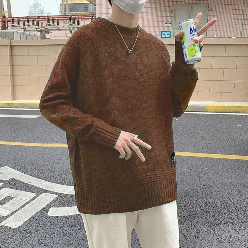 Mens Casual Pullobers Color Blocking Winter Warm Sweater Fashion Loose Harajuku Lapled Round Neck Sweaters for Men 240809