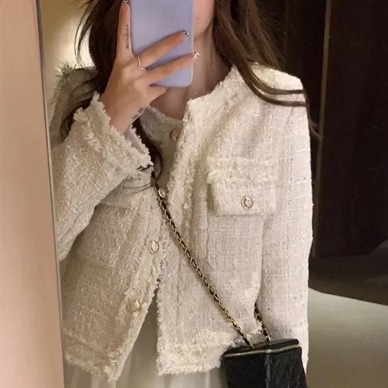 HJLZWB Fashion Korean Chic Vintage Tweed Woolen Jacket Coat Women Autumn Single Breasted Plaid Tassel Office Lady Outwea 240812