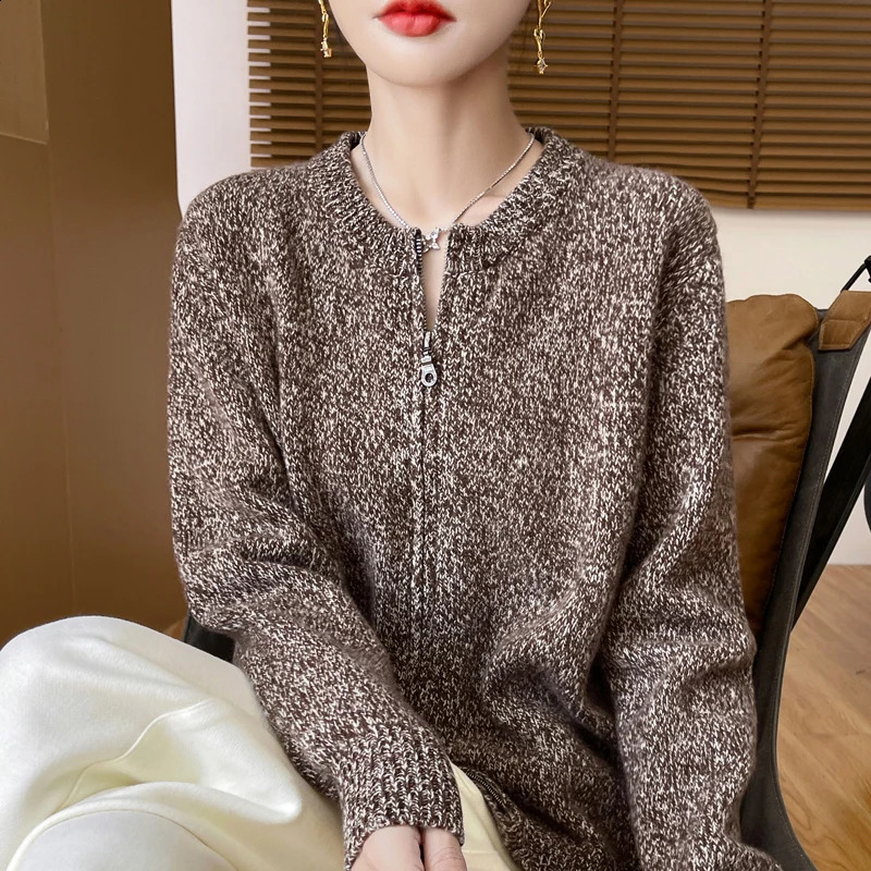 Round Neck Cardigan Womens Cashmere Knitted Jacket With Zipper Loose Long Sleeves Autumn Winter Versatile Warm CommutingTop 240812