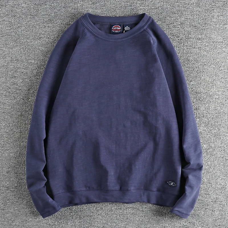 Autumn American Retro 280G Long Sleeve O-neck Solid Color T-shirt Mens Simple 95% Slub Cotton Washed Loose Youth Casual Tops 240812