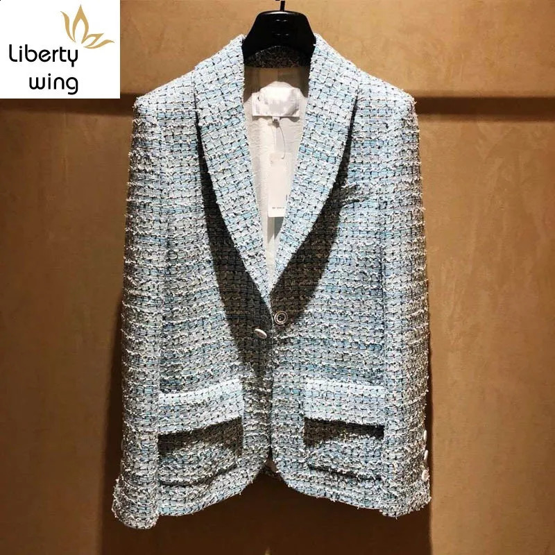 Spring Womens Blaze Tweed Blue Plaid Slim Tailoring Professional Woman Thin Coat High-end Silk Lining Top Blazers Jacket 240812