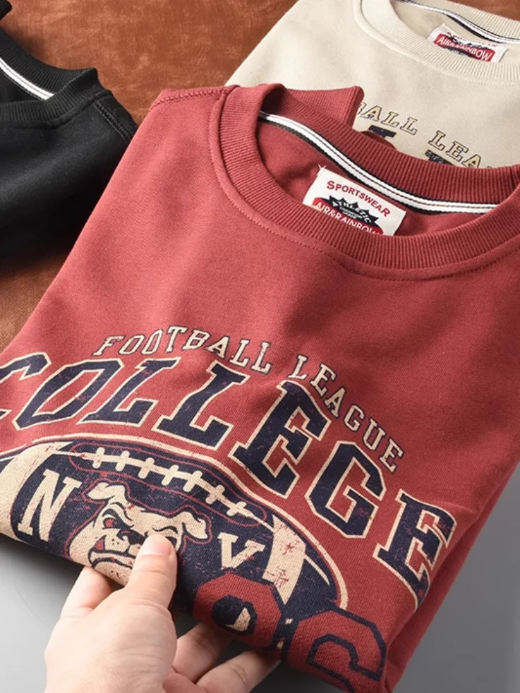 Autumn American Retro Long-sleeved O-neck Letter printed Hoodies Mens Fashion Simple 100% Cotton Washed Casual Sport Tops 240812
