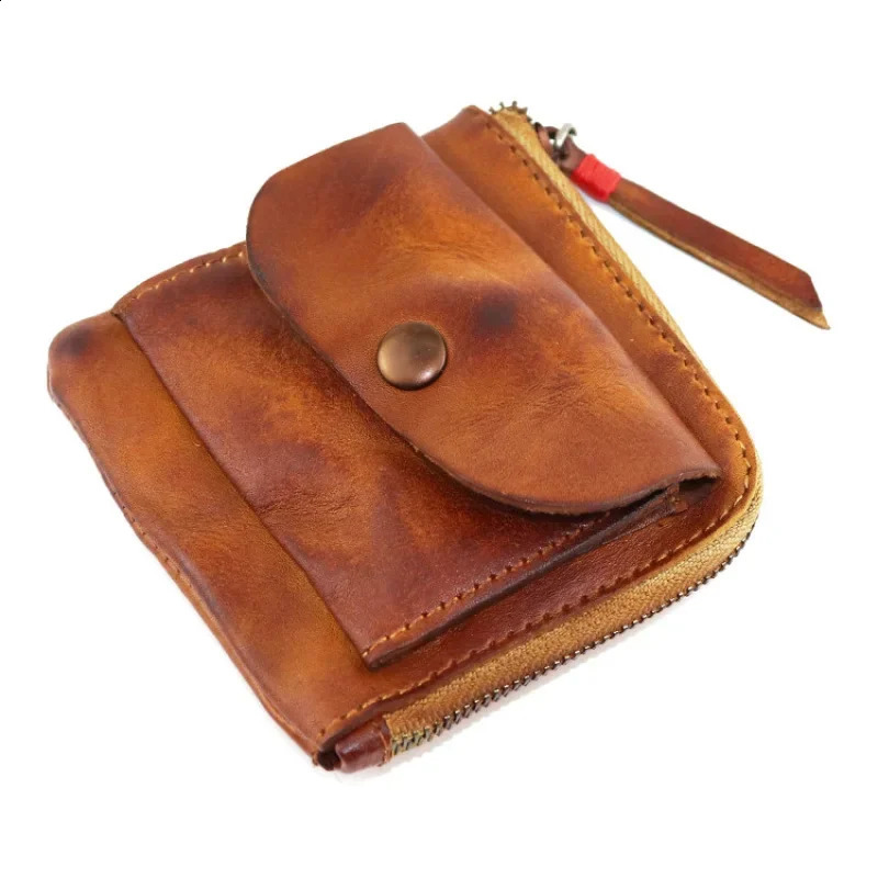 Coin purchase handmade coin purse creative pocket zipper buckle mens and womens genuine leather retro square 240810