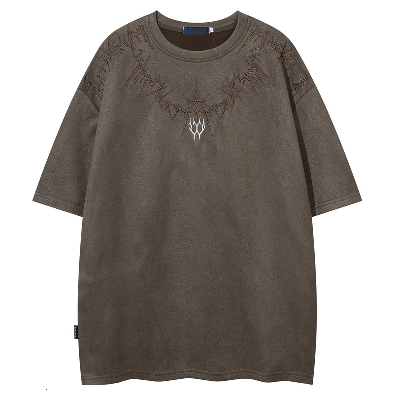 Mens China-chic Style Suede Short Sleeve T-shirt Mens Spring and Summer New Personalized Embroidery Top
