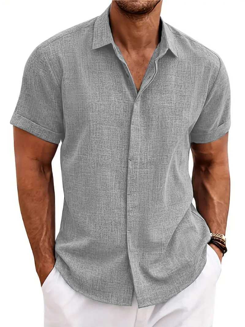2024 new hot-selling mens short-sleeved shirt summer solid color lapel hidden buckle casual beach fashion high street topXJ240812