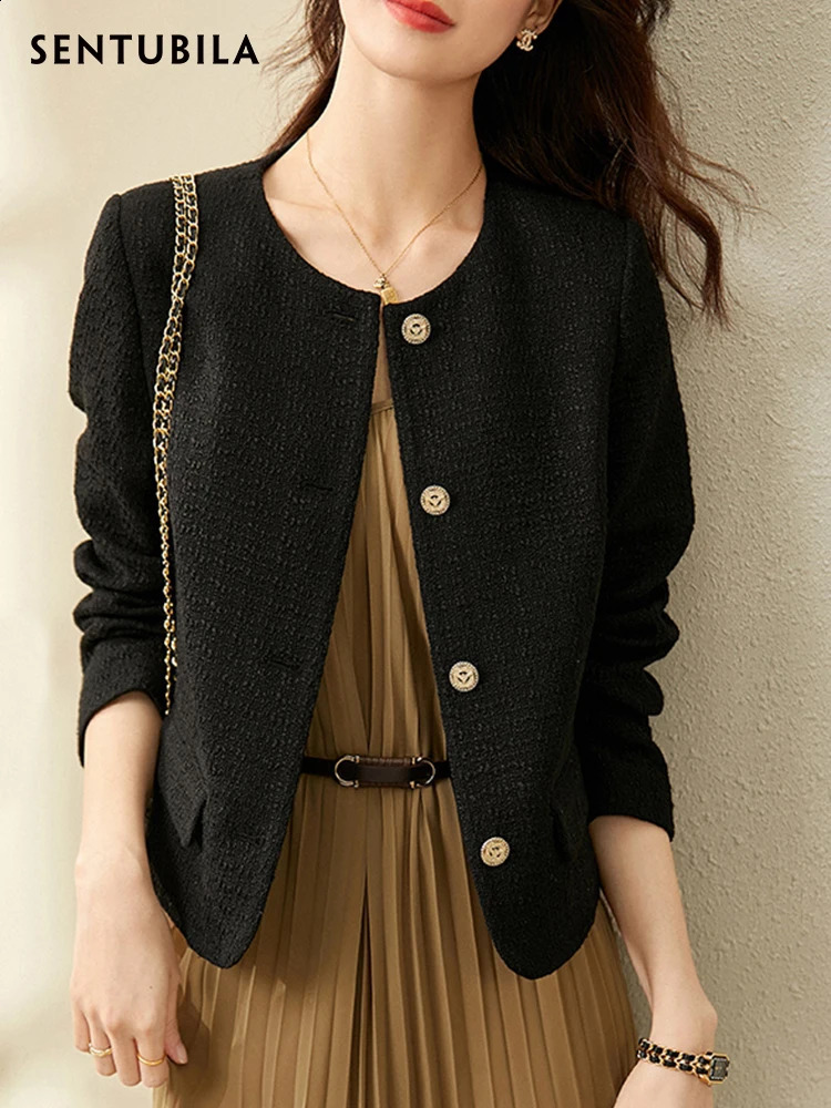 SENTUBILA Black Cropped Tweed Jacket for Women Autumn Winter Single Breasted Fashion Korean Style Jacket Coats 123W42756 240812