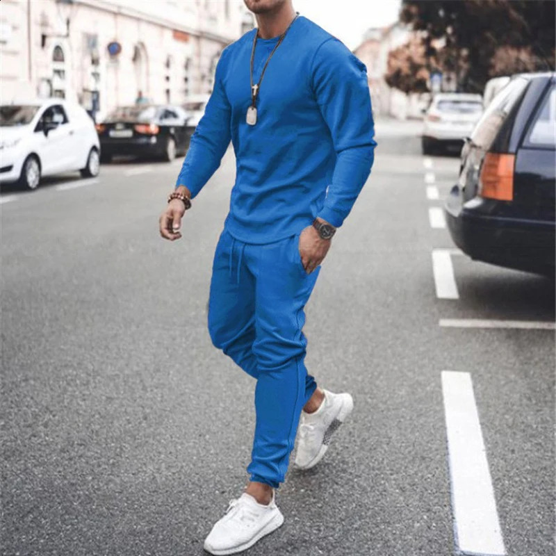 Summer Long-Sleeved Leisure Sports Two-Piece Mens Breathable Sweat-Absorbing Trend Multi-Color Suit 240812