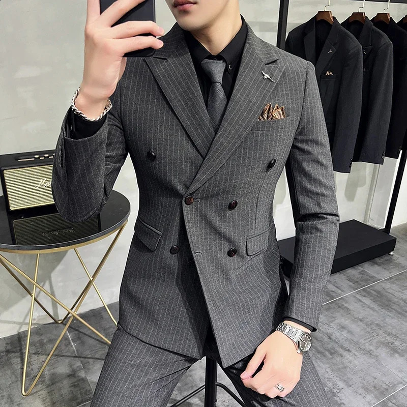 Fashion Mens Boutique Business Slim Wedding Striped Double Breasted Suit Blazers Jacket Pants Trousers Vest 3 Pcs Set 240812