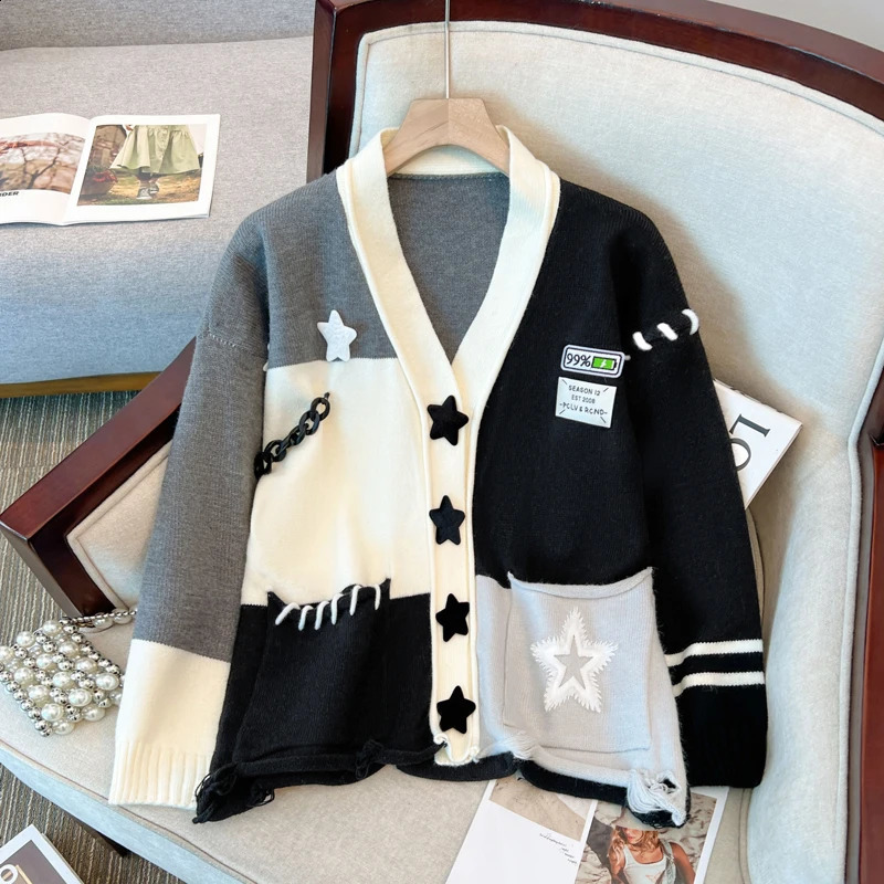Womens Patchwork Cardigan Knitted Sweater Harajuku Y2k Long Sleeves Oversize V-Neck Sweater Jumper Vintage 2000s Clothes Autumn 240812