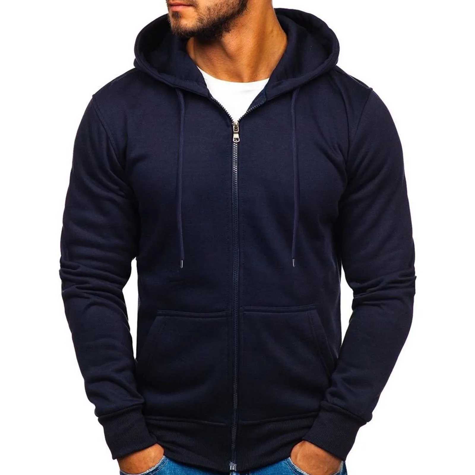 Mens Solid Color Hoodies Zip Up Hooded Tops Sweatshirts Outdoor Sports Tracksuits Drawstring Pockets Cardigan Coat TracksuitsXJ240812