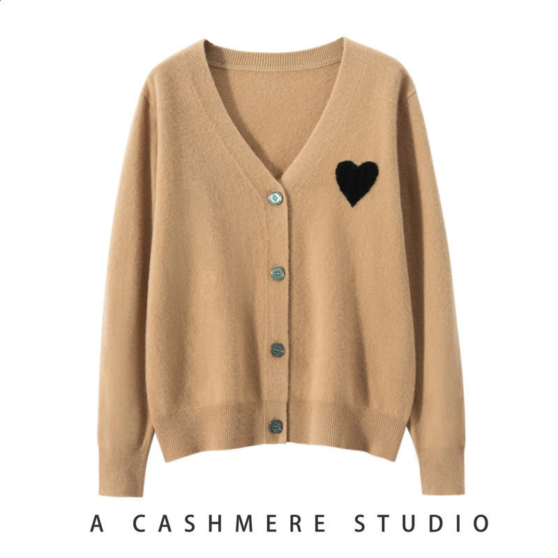Spring Womens V-neck Cardigan Preppy Style 100% Cashmere Sweater Heart Embroidery Cashmere Knitwear Korean Clothes 240812
