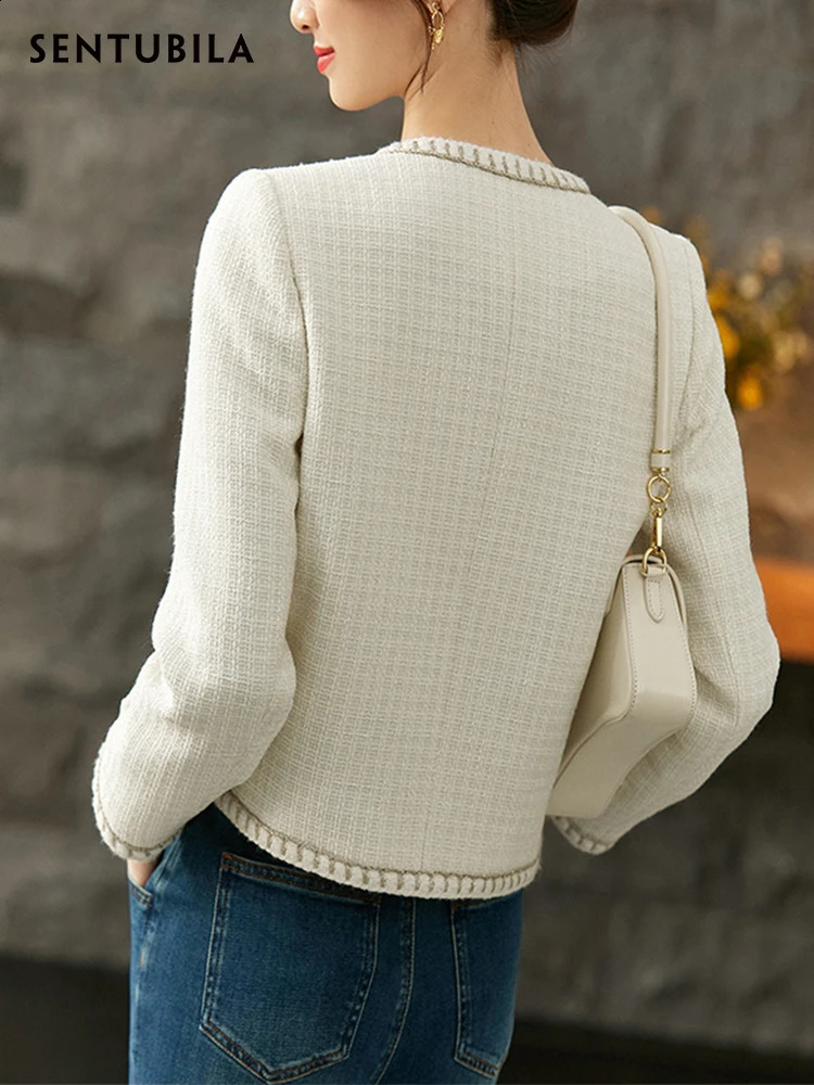 SENTUBILA Elegant Cropped Tweed Jacket Women Spring Fashion Straight-cut Short Coats for Woman Female Outerwear 123W44147 240812