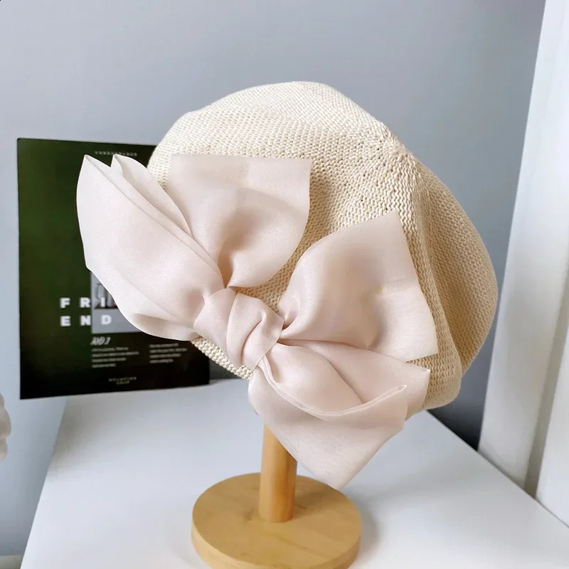 Japanese Style Big Bow Autumn Beret Cap Female Women Summer Breathable Knitted Hat Temperament Painter Hat For Girl 240805