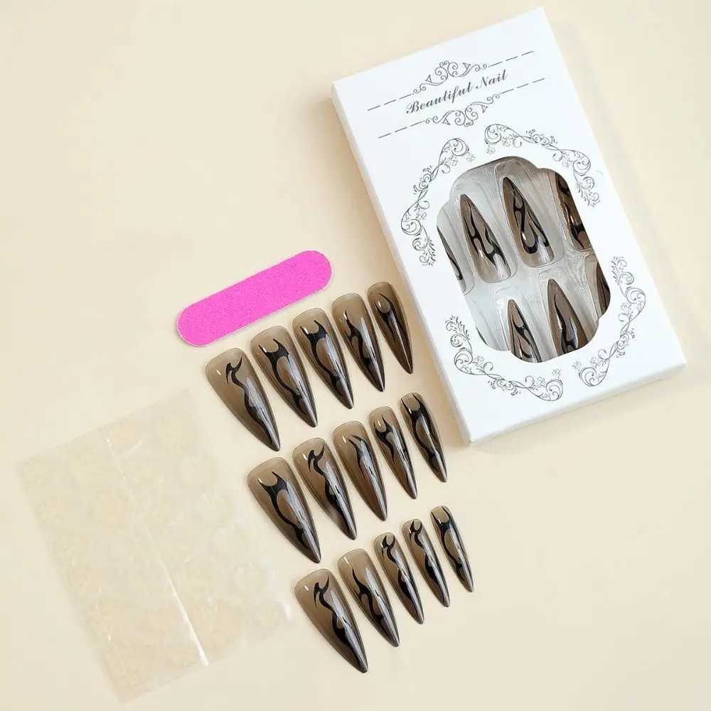 24 pieces of long thin high-heeled French fake nails mechanical silver black vine fake nails full cover press DIY detachable nails W240810