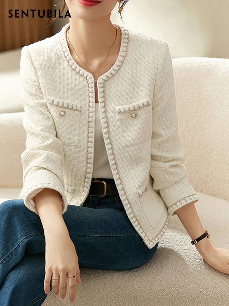 SENTUBILA Elegant Cropped Tweed Jacket Women Spring Fashion Straight-cut Short Coats for Woman Female Outerwear 123W44147 240812