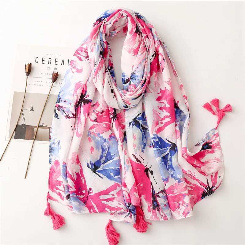 2023 Luxury Brand Ink Painting Flower tassel Adhesive Shawl Scarf Womens High Quality Pashmina Headscarf and Wrap Foulard Muslim Sjaal W240810