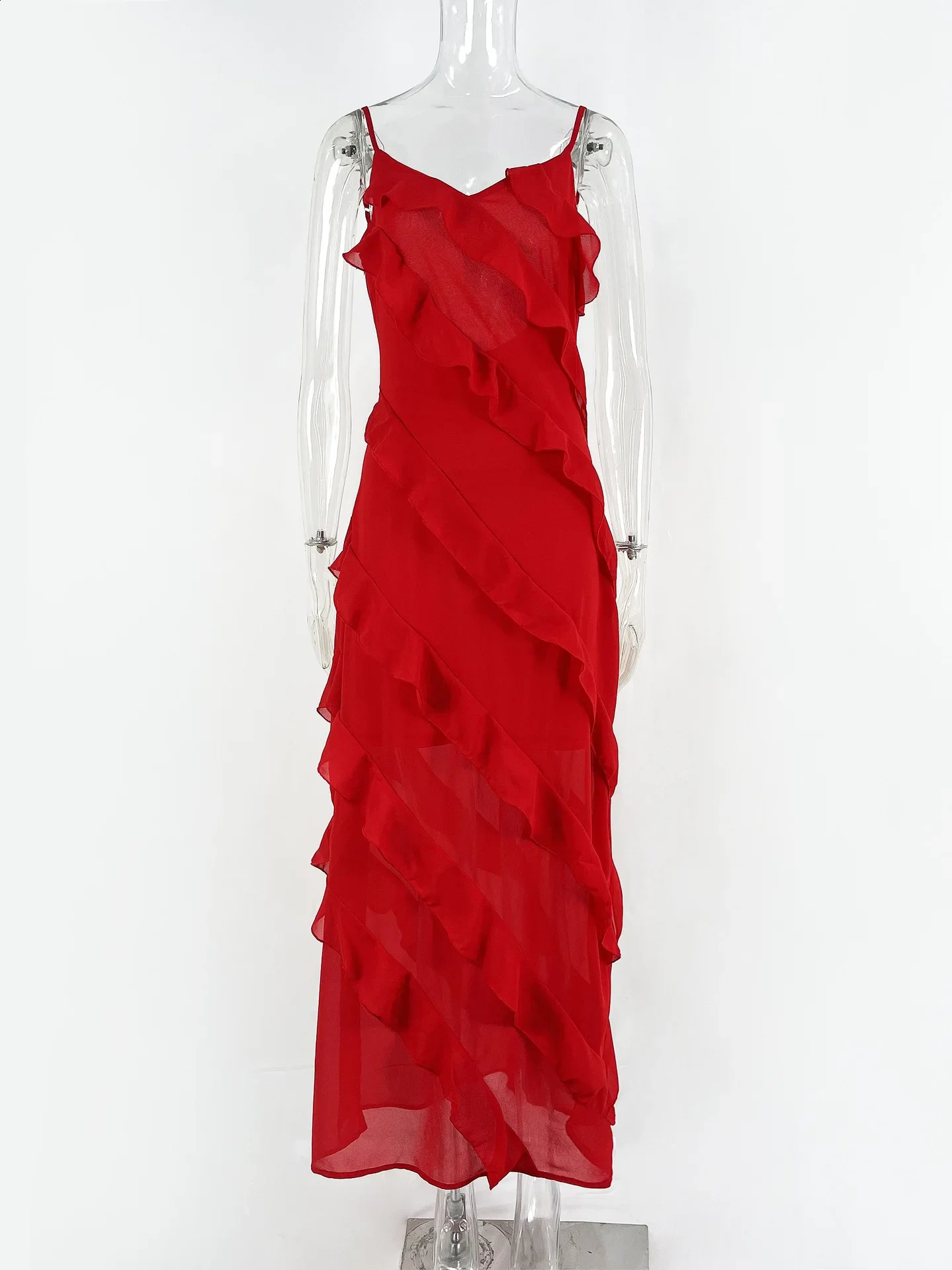 2024 Elegant Red Chiffon Slip Dresses for Women Sexy Spaghetti Strap Backless Lace-up Ruffles Long Maxi Evening Party Prom Dress 240816