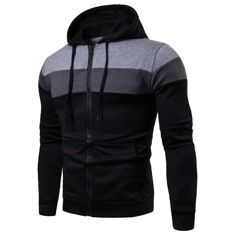 New mens hooded zipper splicing color sports top fleece insulation casual wear hooded sports top zipper comfortable hoodieXJ240812